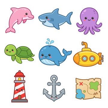 Colorful cartoon sea ocean animals icons.