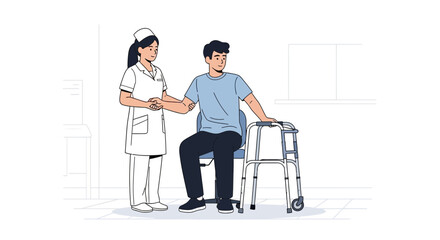 Fototapeta premium Nurse Helping Patient Sit With Walker In Hospital Room