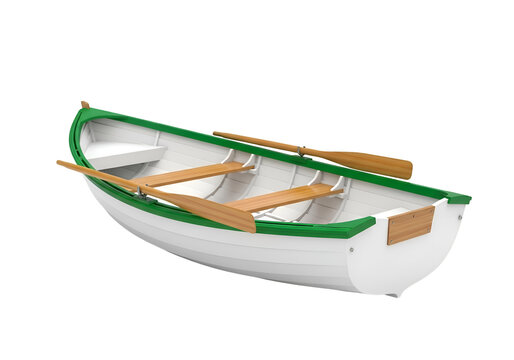 Empty white rowboat with green trim and wooden seats on white background , Isolated on Transparent Background, PNG, Generative AI