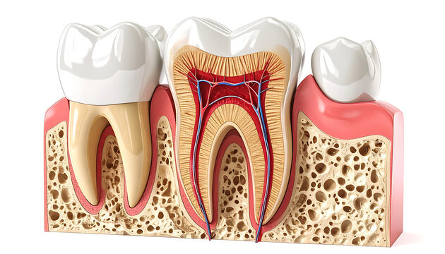 Detailed cross-section of a human molar tooth showing enamel, dentin, pulp, nerves, blood vessels, and root system in bone structure, dental health concept