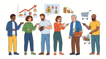 Obraz premium Illustration of diverse people standing in line, engaged with their mobile devices, surrounded by shopping and finance icons on a white background.