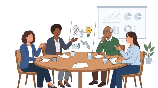 Diverse group of business professionals engaged in a meeting around a wooden table with a woman presenting a graph on a whiteboard in a modern office setting with a plant.