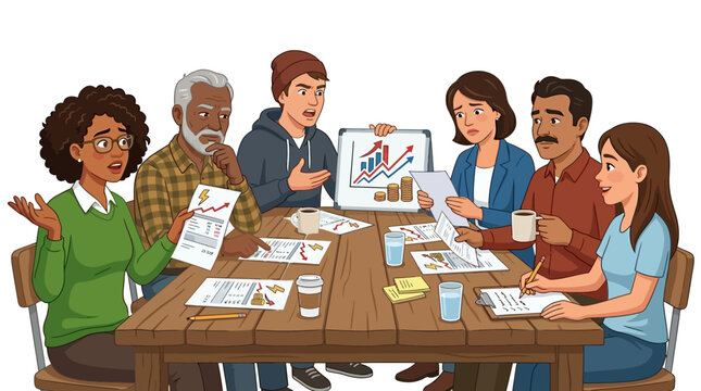 Diverse group of six adults sitting around a wooden table with papers and coffee cups discussing and analyzing a graph in a collaborative meeting setting.