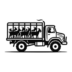 Fototapeta premium Goat transport truck vector illustration. Caged livestock carrier vehicle graphic. Black and white agricultural transport icon