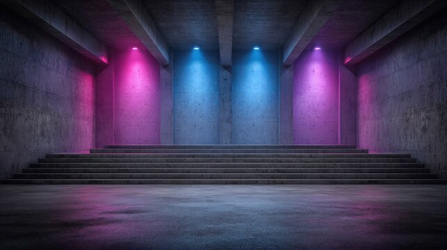 Concrete architectural space illuminated by contrasting magenta and cyan uplighting highlights wide steps