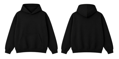 A mockup template of a blank black oversized pullover sweatshirt shown from both the front and back views. Isolated on transparent background, © Abdur