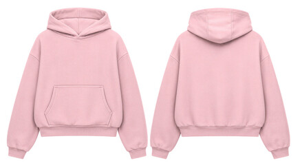 A mockup template of a blank light pink oversized pullover sweatshirt shown from both the front and back views. Isolated on transparent background, © Abdur