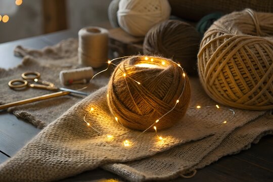 Cozy knitting project with yarn ball illuminated by warm fairy string lights