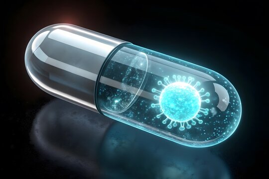 Medical capsule containing a floating glowing virus or pathogen cell