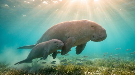 Fototapeta premium Mother and baby dugong swimming in clear ocean waters
