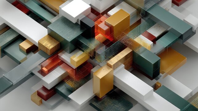 Overlapping geometric shapes with gold and silver foil textures on dark grid background