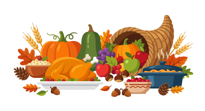 Flat vector illustration of a Thanksgiving harvest feast featuring a roasted turkey platter, cornucopia, pumpkins, autumn leaves, acorns, wheat, and seasonal holiday food dishes.