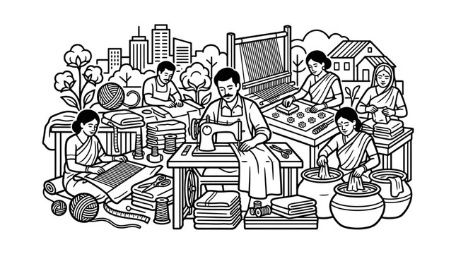 Small Business Enterprise: Artisans Crafting Textiles in a Village with City Background
