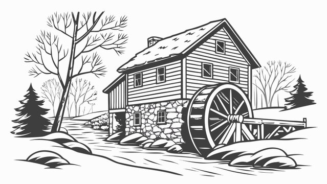 Vector illustration of a rustic watermill by a river in a forest landscape with watermill building landscape