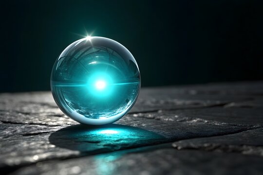Glowing crystal sphere on dark textured surface with bright light flare