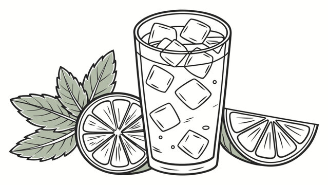 Vector illustration of a refreshing glass of lemonade with ice cubes and lemon slices lemonade beverage