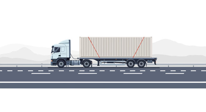 White Semi Truck with Cargo Container on Highway, Logistics and Delivery Concept