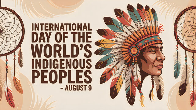International day of the world's indigenous peoples poster with a native american man wearing a traditional feather headdress and dreamcatchers