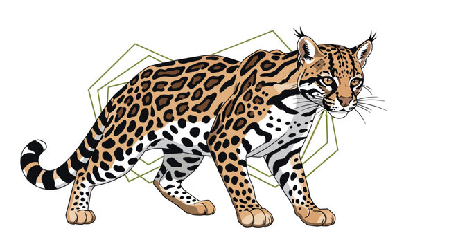 Beautiful ocelot wild cat illustration displaying its unique spot patterns and features against a minimalist geometric background.