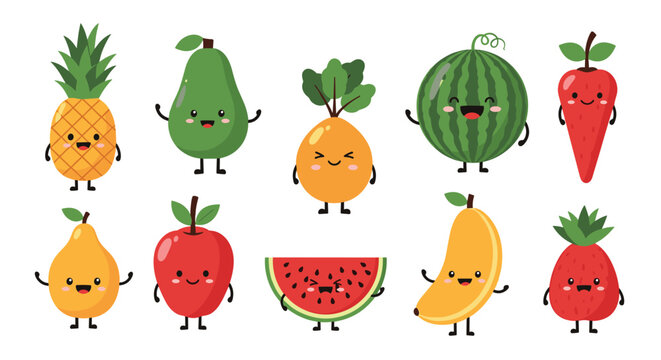 Set of cute fruit characters with happy faces and tiny arms, including pineapple, avocado, watermelon, apple, pear, strawberry, and mango.