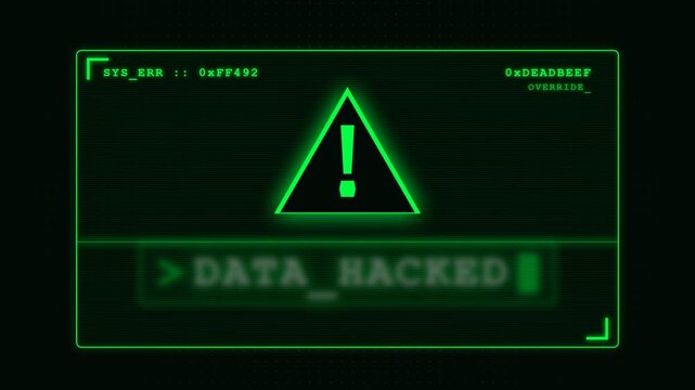 Animated retro digital screen shows 'DATA HACKED' system error warning