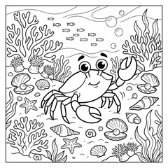 Fototapeta premium Cute Crab Underwater Coloring Page for Kids
