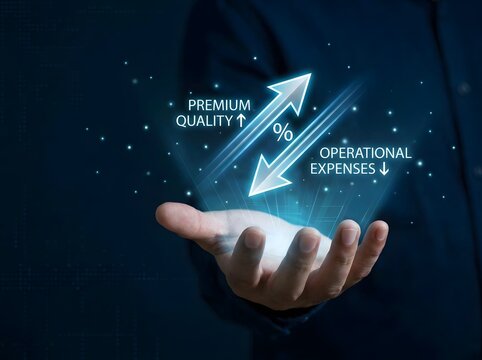 Business optimization concept showing premium quality increase and reducing operational expenses