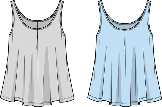 Relaxed sleeveless tank top for women cad drawing flat vector illustration with scoop neckline and flowy hem for fashion design