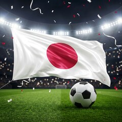Naklejka premium Japan flag waving on soccer field with ball