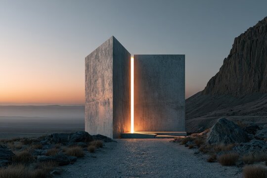 mysterious illuminated structure in desert landscape