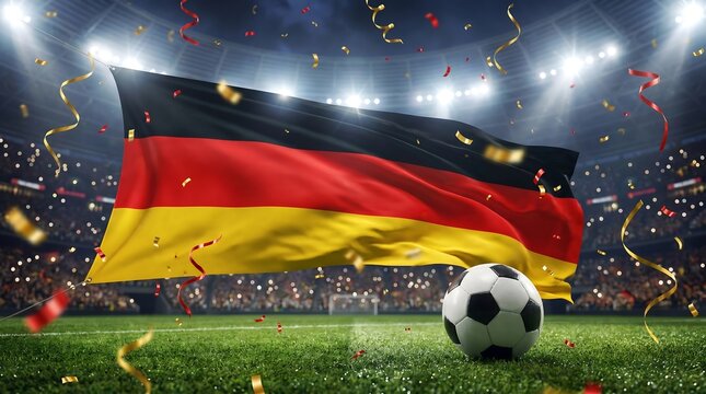 German flag waving on soccer field with ball