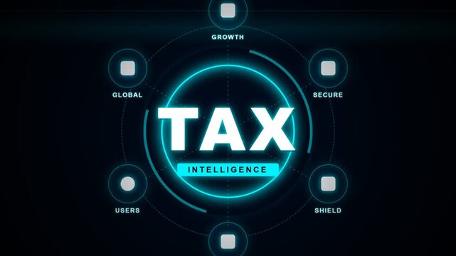 Futuristic tax intelligence digital HUD interface animation featuring glowing keywords for global finance and secure growth on a dark background.