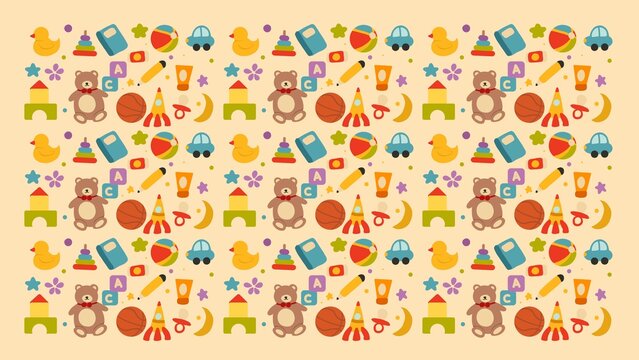 Cute kids toys seamless pattern with teddy bears, rockets, and blocks on a warm beige background