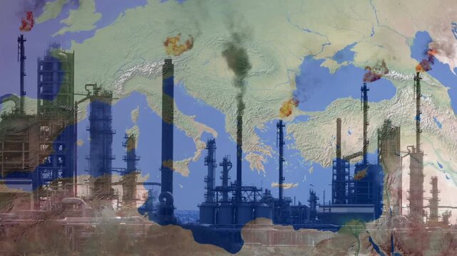 Double exposure of a Europe and Middle East map overlaid with a heavily polluting oil refinery. Depicts regional industrial pollution, carbon emissions, and fossil fuel reliance across Eurasia.