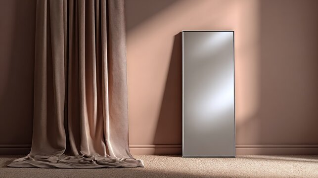 Floor length standing mirror rests against a dusty rose colored wall beside heavy beige drapery.