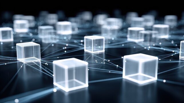 Array of glowing translucent cubes connected by illuminated lines and nodes forms a digital network structure.