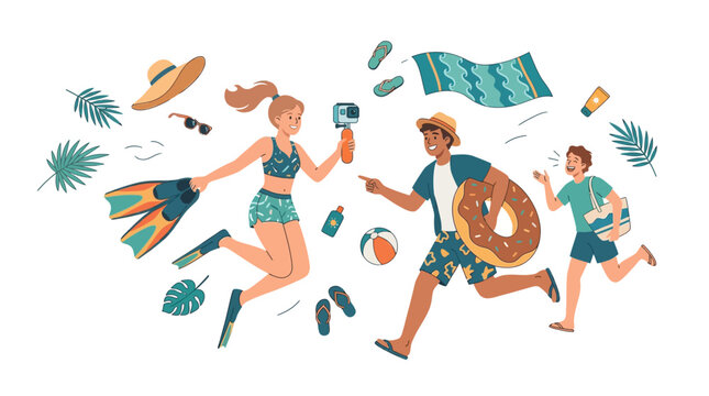 Vector illustration of a happy family running and jumping for a summer vacation beach trip, featuring a woman with an action camera, man with a donut floatie, and various beach accessories.