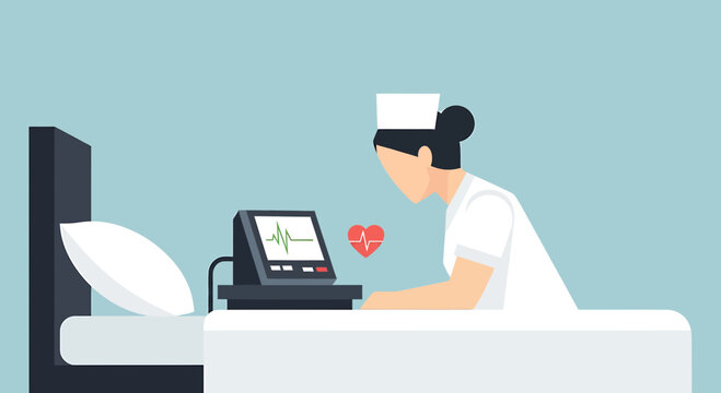Nurse monitoring patient's heart rate on EKG machine in hospital room