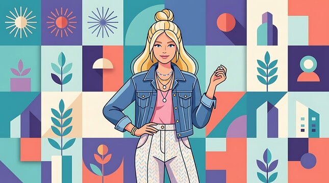 Modern blonde woman in barbie style with geometric art background