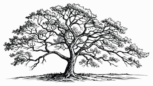 Vector illustration of a large deciduous tree with detailed branches and textured bark branches illustration