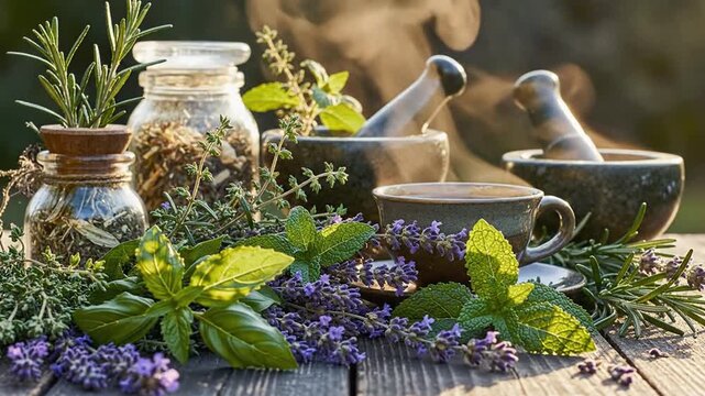 Steaming tea, fresh herbs, mortar and pestle on table