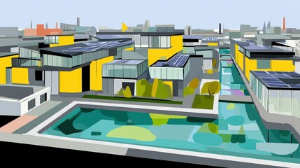 Fototapeta premium Modern Urban Landscape with Colorful Buildings and Water Features