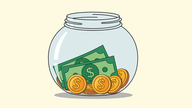 Glass savings jar filled with several green dollar bills and golden coins on a light yellow background for financial concepts.