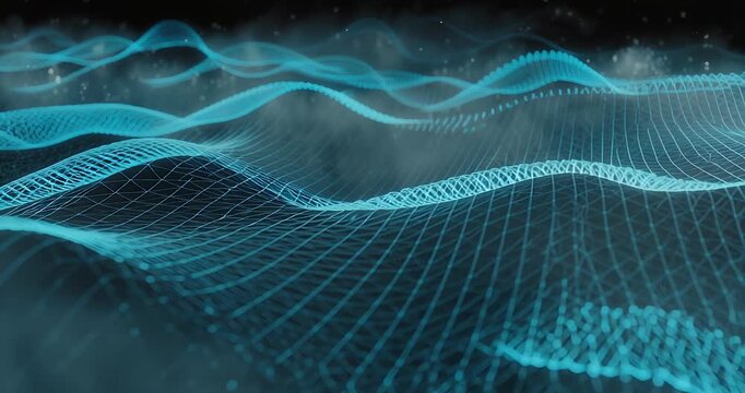 Abstract blue digital mesh network undulating across a dark, futuristic landscape with glowing particles.