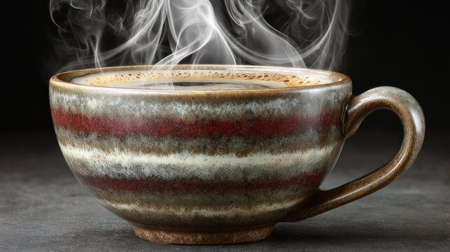 Steaming hot beverage rests within a rustic, horizontally striped ceramic mug against a dark background.