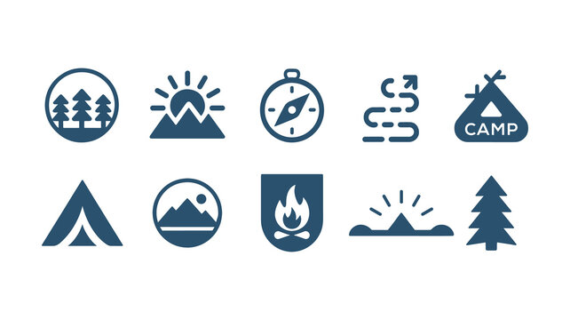 Summer Camp Icons Collection &ndash; Tent, Compass, Camp Badge, Mountain and Nature jpg