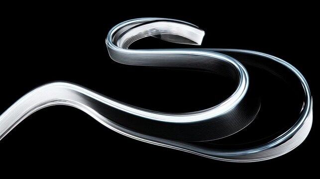 Metallic, undulating ribbon flows dynamically across a deep black background.