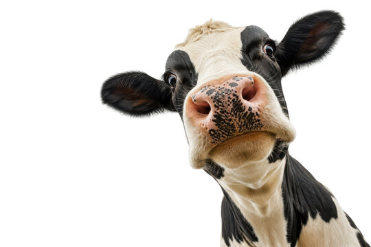 Funny close-up portrait of a curious black and white dairy cow looking directly into the camera, isolated on a clean white background. Expressive farm animal face with wide-angle perspective
