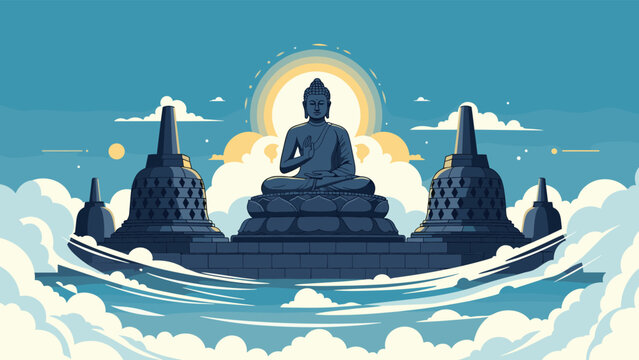 Majestic Buddha statue sits in meditation at the Borobudur temple complex surrounded by stupas and soft clouds during a serene golden sunset.
