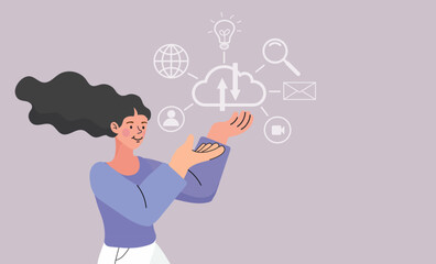 Cloud computing and data transfer technology concept with woman character. Female holding network icon lines of cloud storage, digital database management, information hosting server © 365 days studio